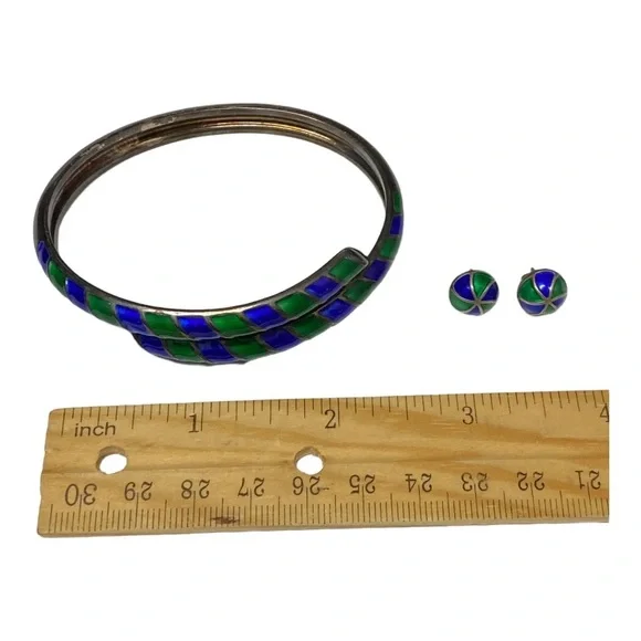 David Andersen Norway Vintage Sterling Silver Blue Green Enamel Bracelet Studs